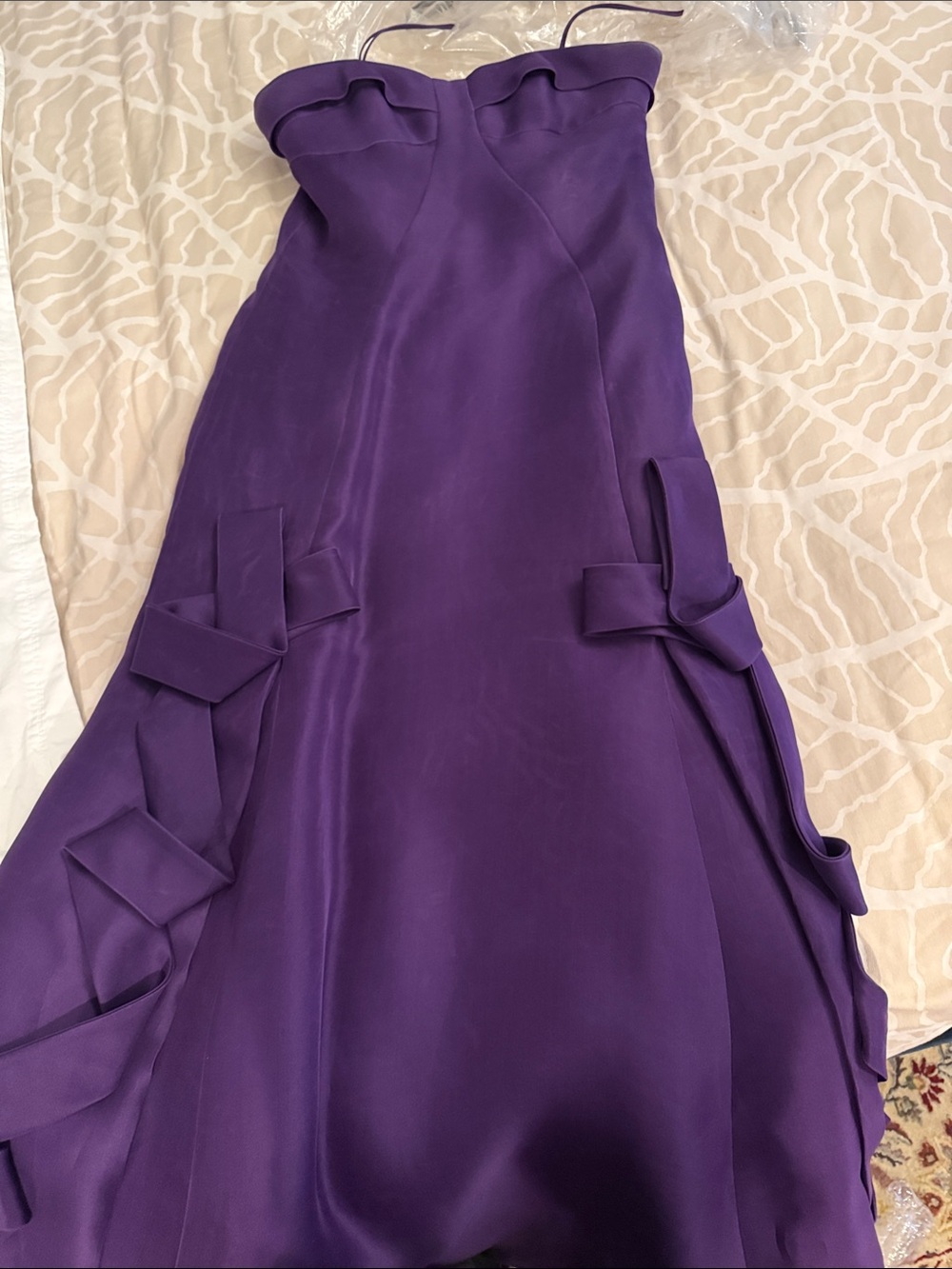 Angel Sanchez Strapless Violet Silk Evening Gown with Side Bow Details